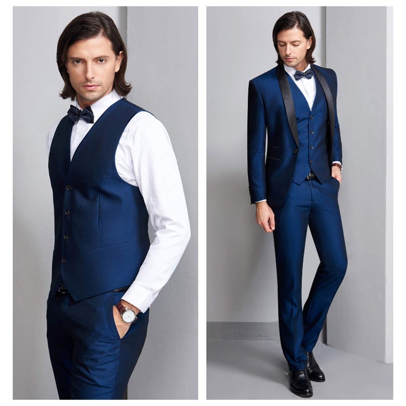 MYS MY'S Mens 3 Piece Tuxedo Set with Bow Tie, Shawl Lapel One Button Jacket Vest & Pants, Slim Fit Suit Prom Party Wedding Tux, Deep Blue - Image 2